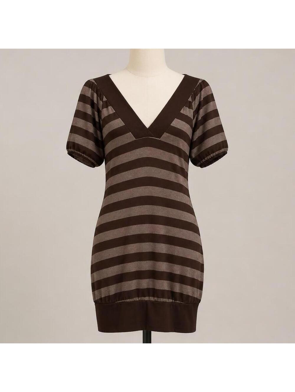 blu heaven Brown Striped V-Neck Short Sleeve Dress Medium